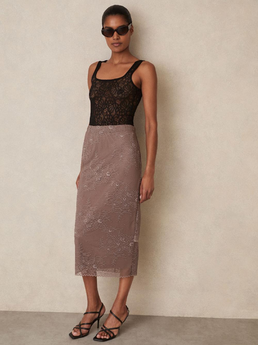 Reiss Lace Pencil Skirt In Taupe Brown