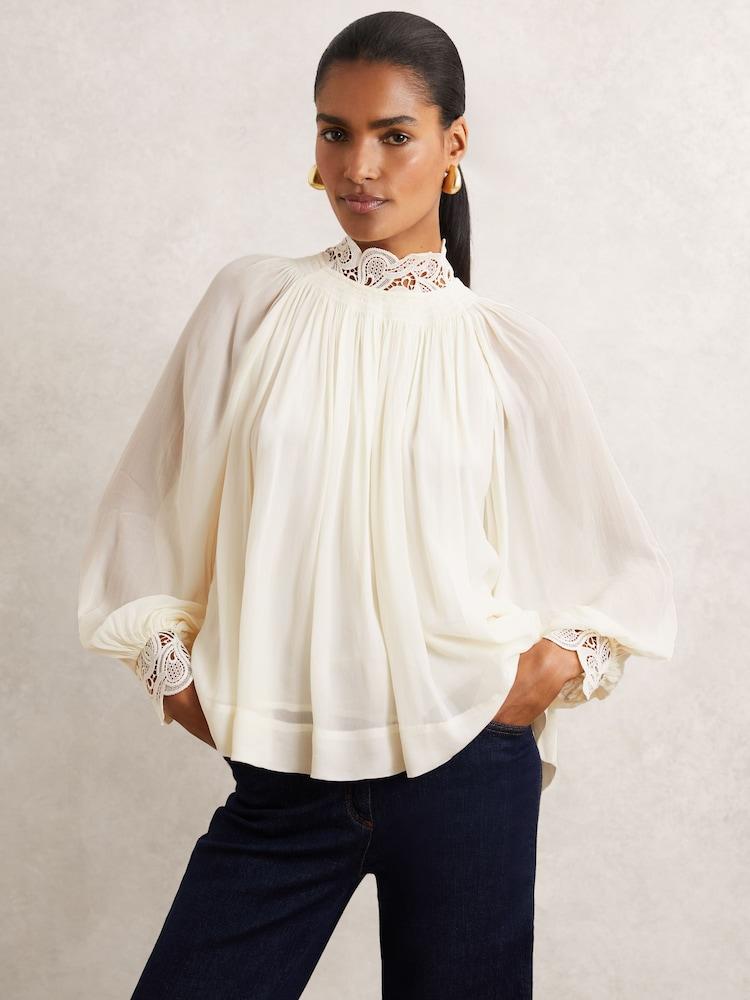 reiss Lace-Trim Draped Chiffon Top in Cream