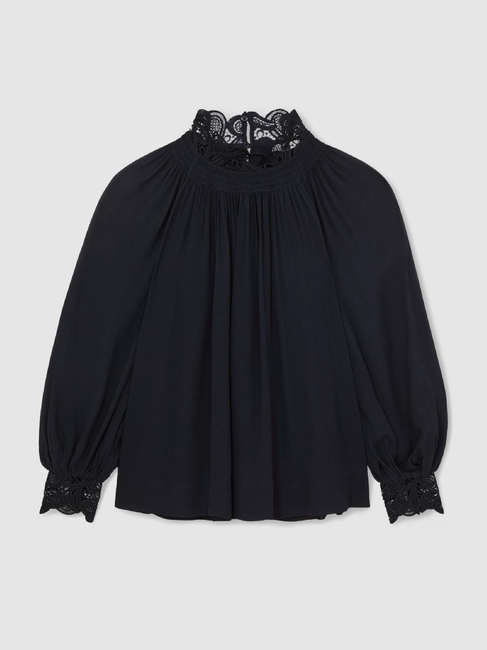 Reiss Lace-Trim Draped Chiffon Top In Navy