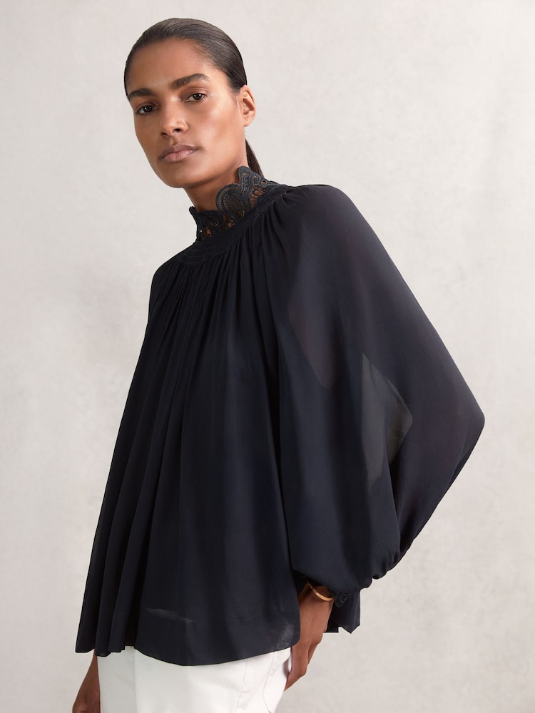 reiss Lace-Trim Draped Chiffon Top in Navy