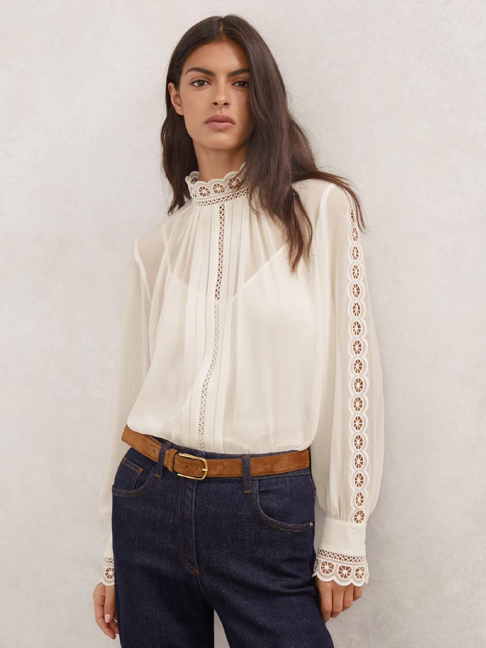 Reiss Lace-Trim Sheer Blouse In Cream