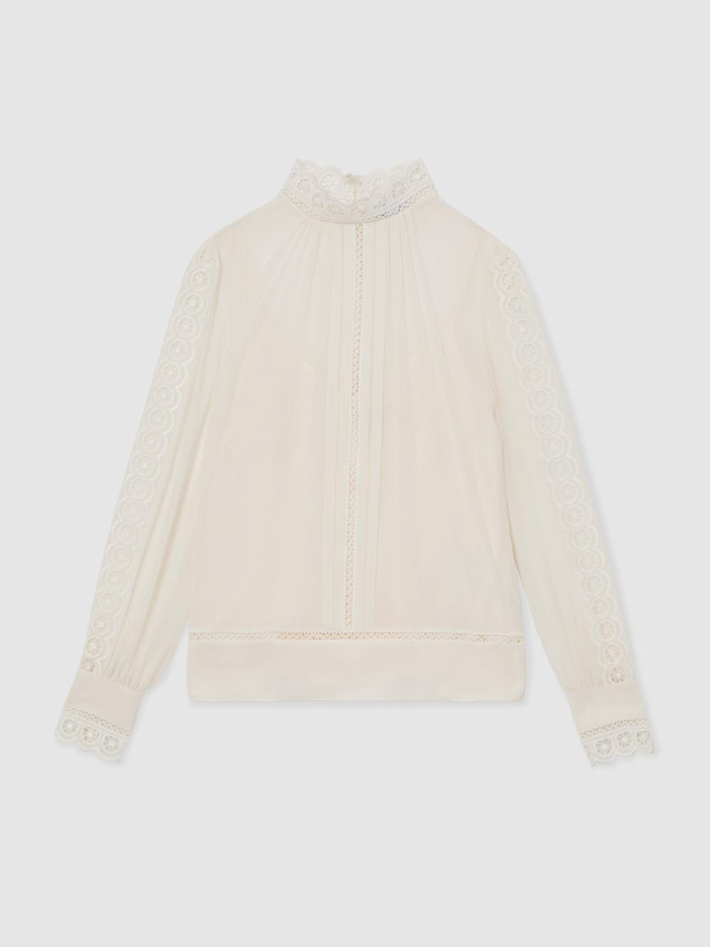 Reiss Lace-Trim Sheer Blouse In Cream