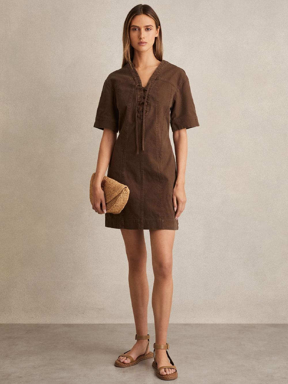 Reiss Lace Up Denim Shirt Dress In Chocolate