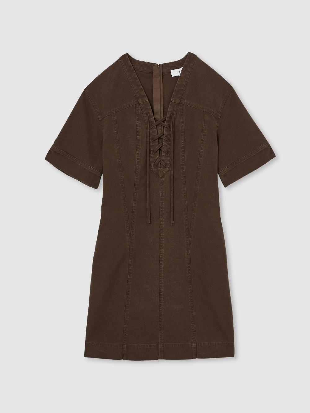 Reiss Lace Up Denim Shirt Dress In Chocolate