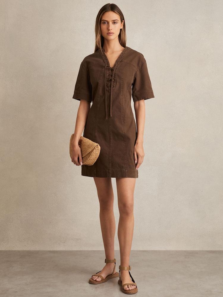 reiss Lace Up Denim Shirt Dress in Chocolate