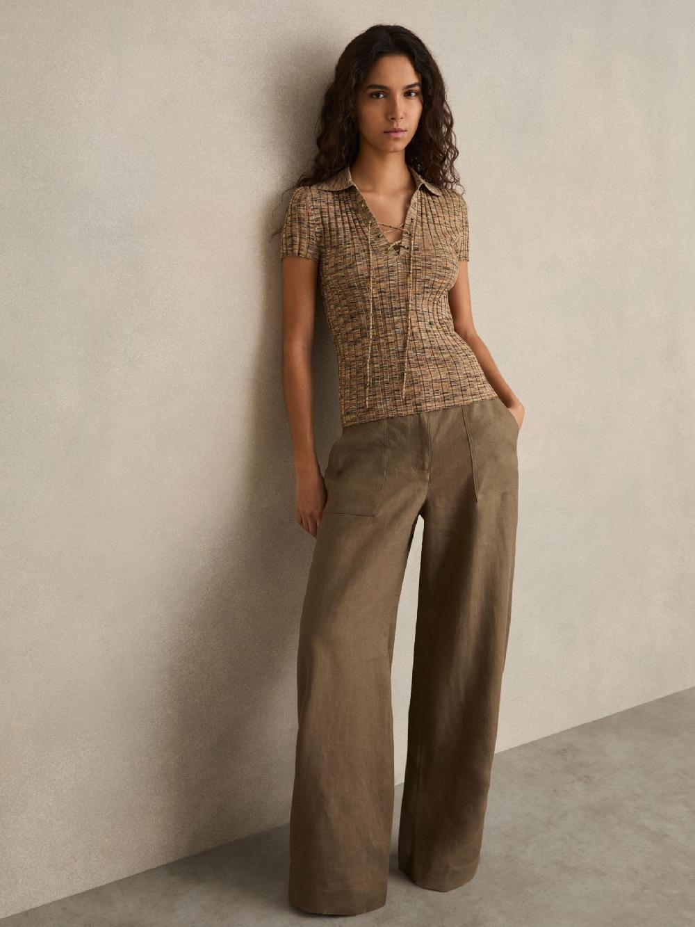 Reiss Lace Up Rib Knit Top In Camel Marl