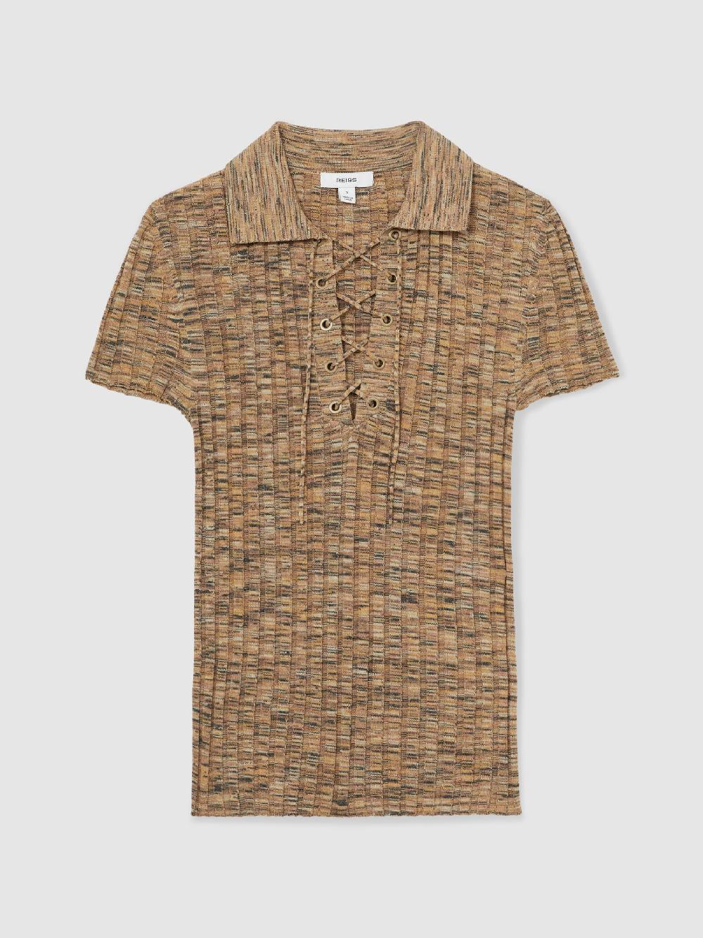 Reiss Lace Up Rib Knit Top In Camel Marl