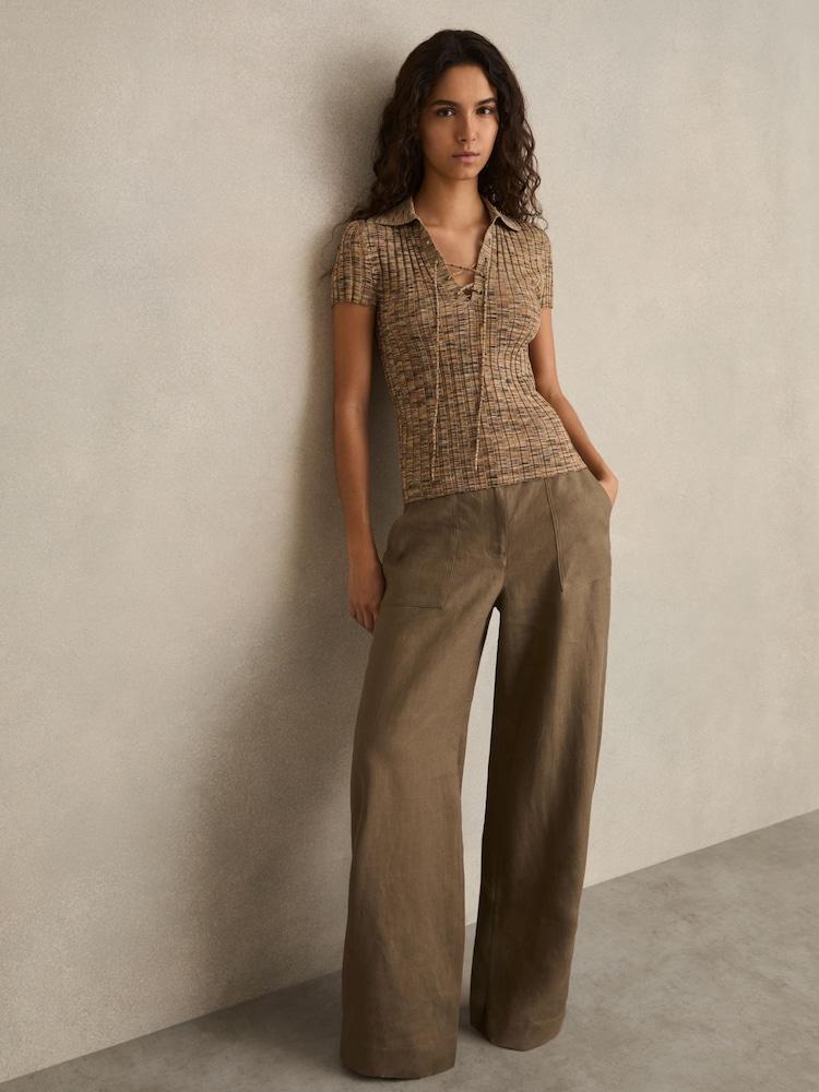 reiss Lace Up Rib Knit Top in Camel Marl