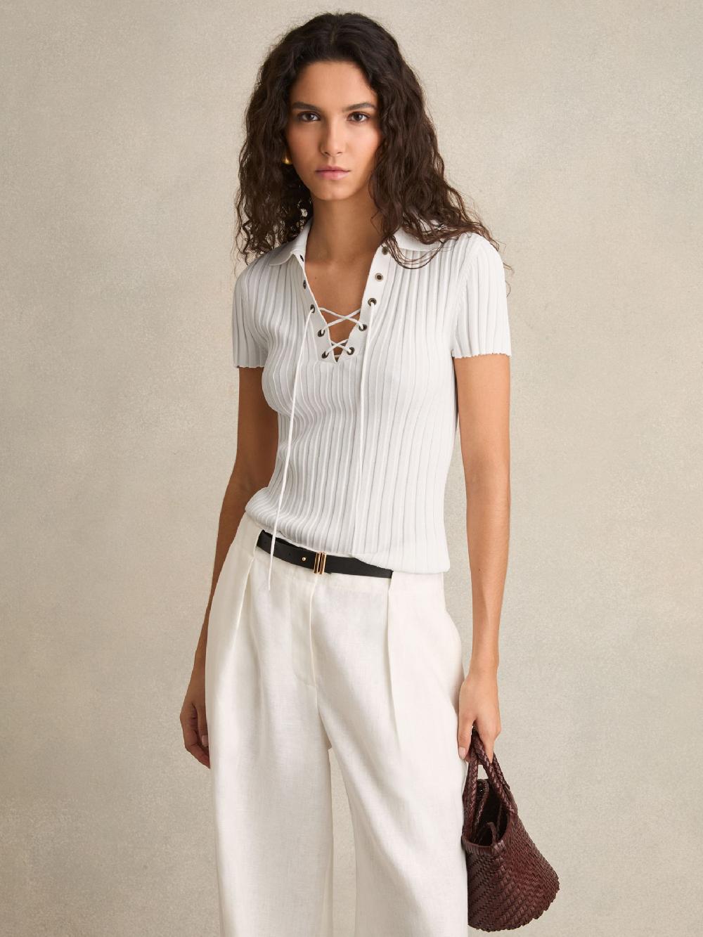 Reiss Lace Up Rib Knit Top In Ivory