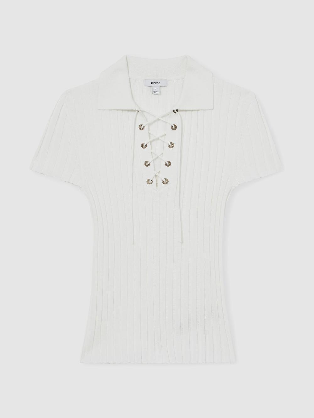 Reiss Lace Up Rib Knit Top In Ivory