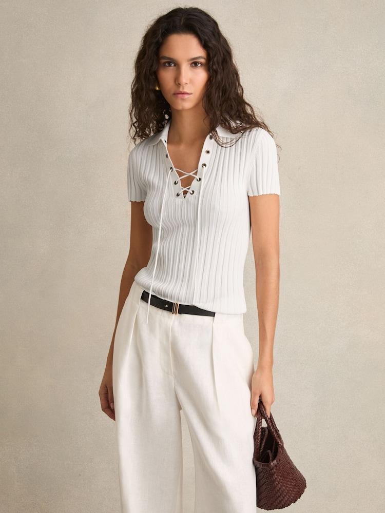 reiss Lace Up Rib Knit Top in Ivory