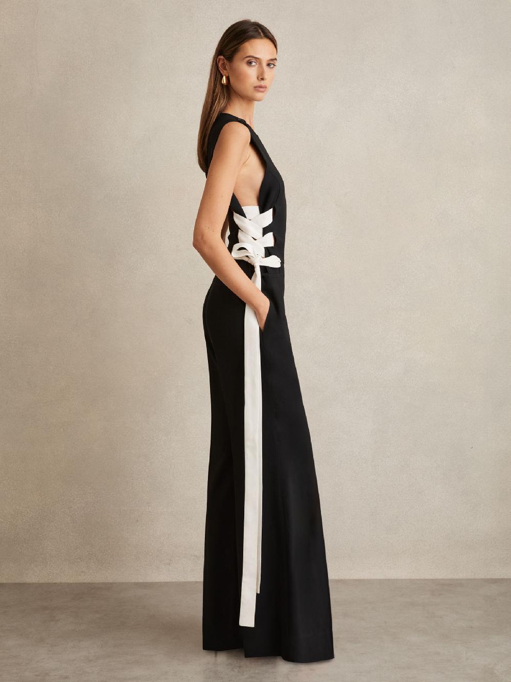 Reiss Lace-Up Side Wide-Leg Jumpsuit In Navy/White