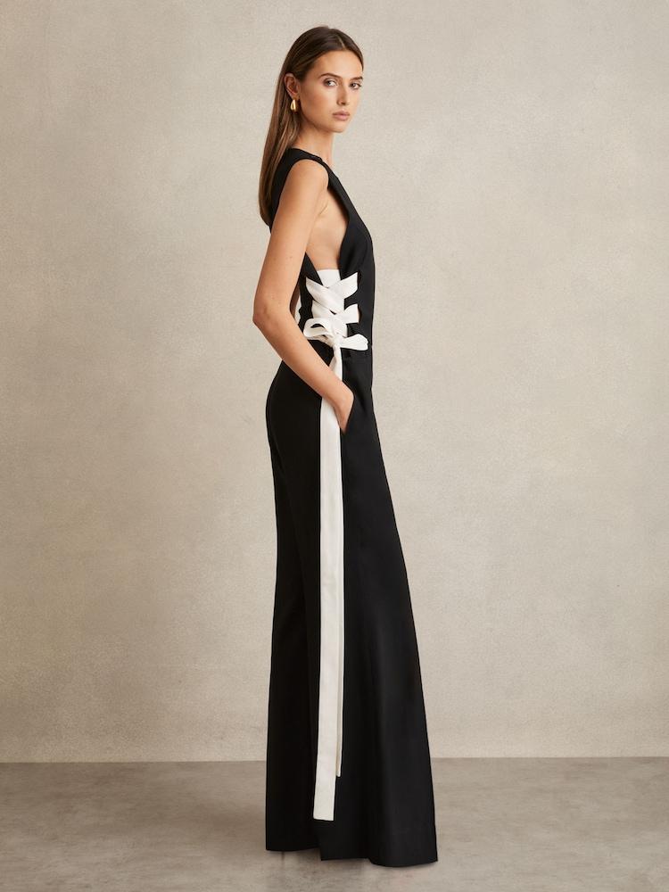 reiss Lace-Up Side Wide-Leg Jumpsuit in Navy/White