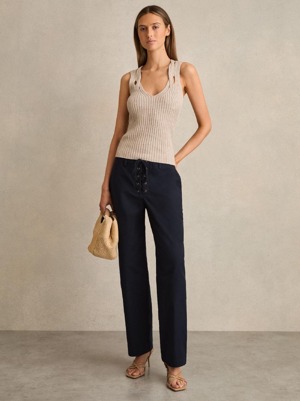 Reiss Lace-up Tapered Trousers In Navy