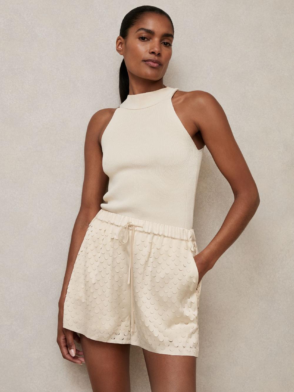 Reiss Laser Cut Drawstring Shorts In White