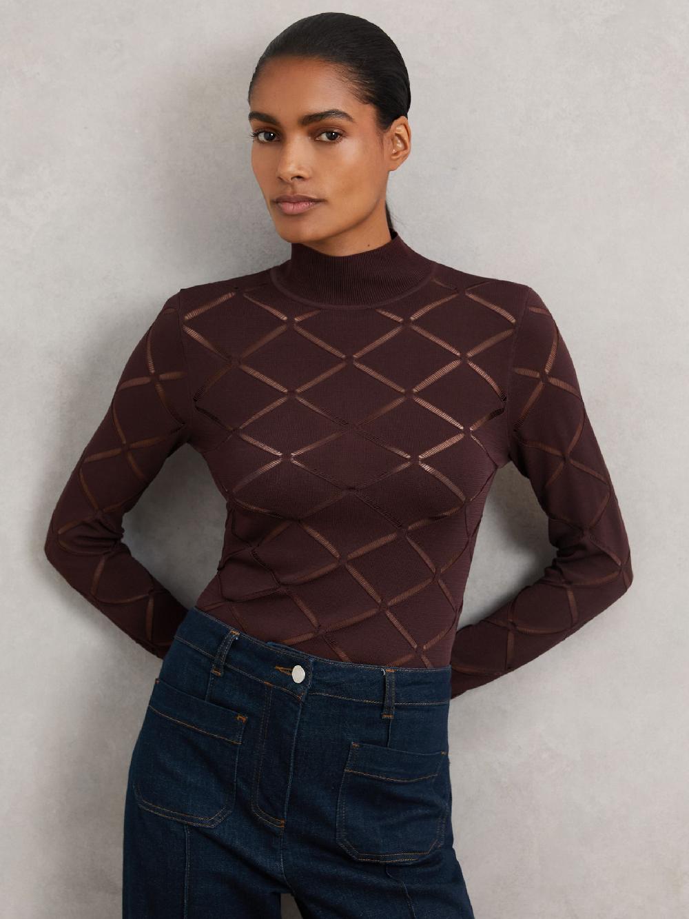 Reiss Laser-Cut Funnel-Neck Knit Top In Burgundy