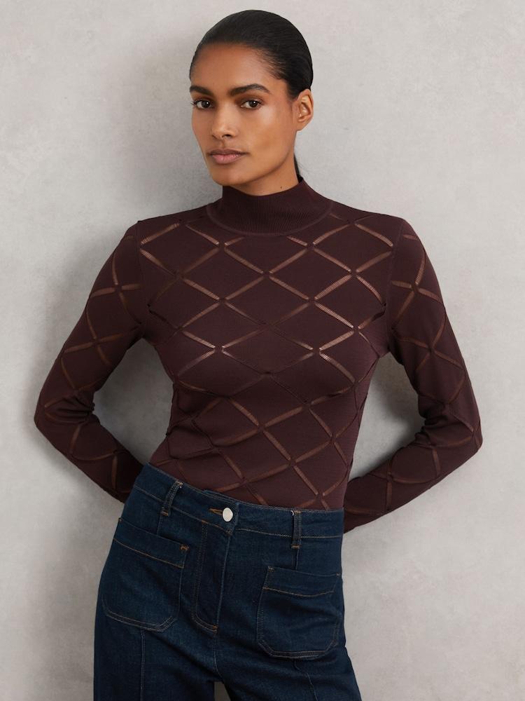 reiss Laser-Cut Funnel-Neck Knit Top in Burgundy