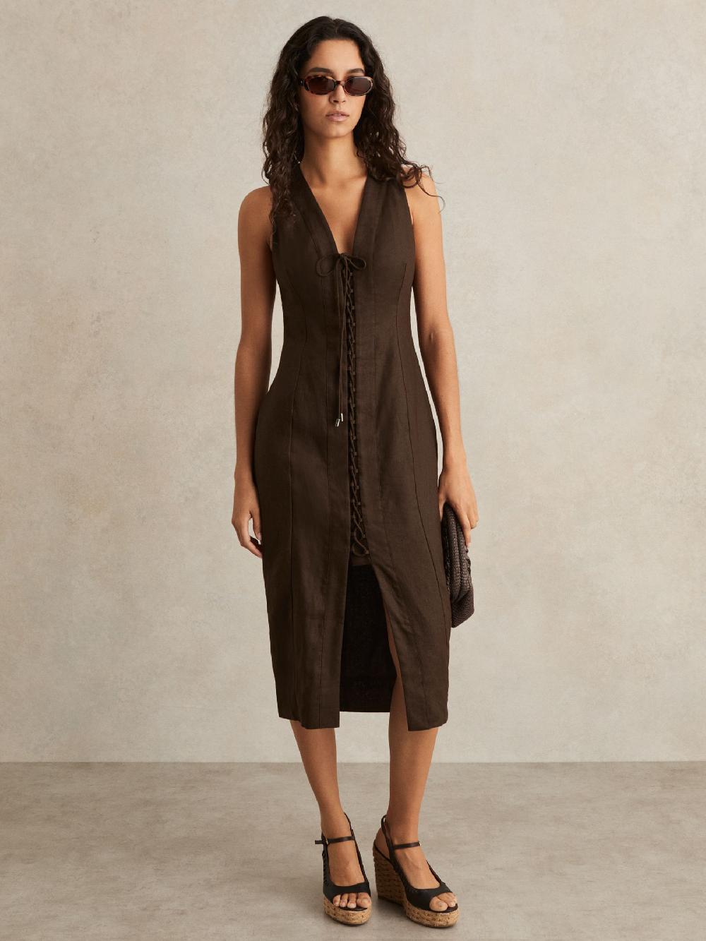 Reiss Lattice-Front Midi Dress In Chocolate Brown