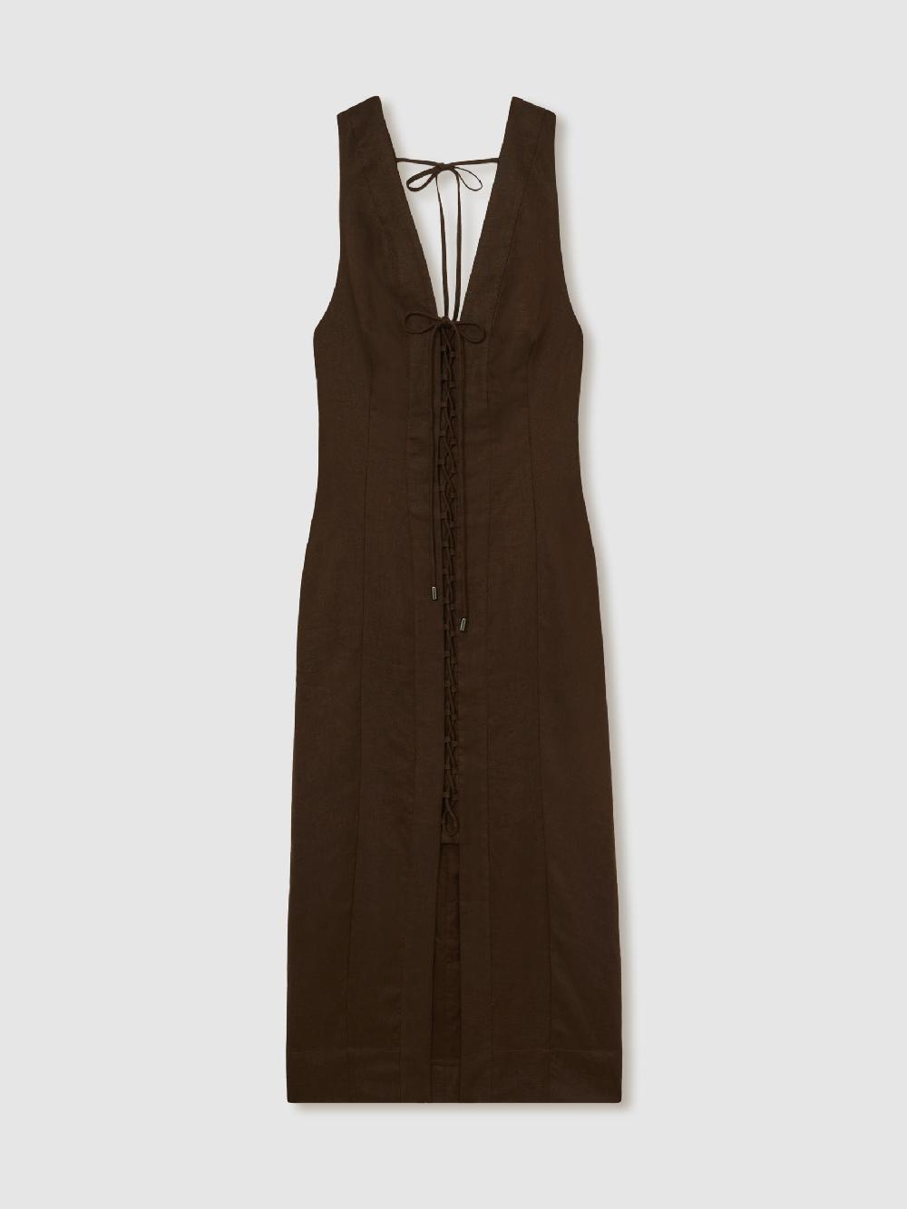 Reiss Lattice-Front Midi Dress In Chocolate Brown