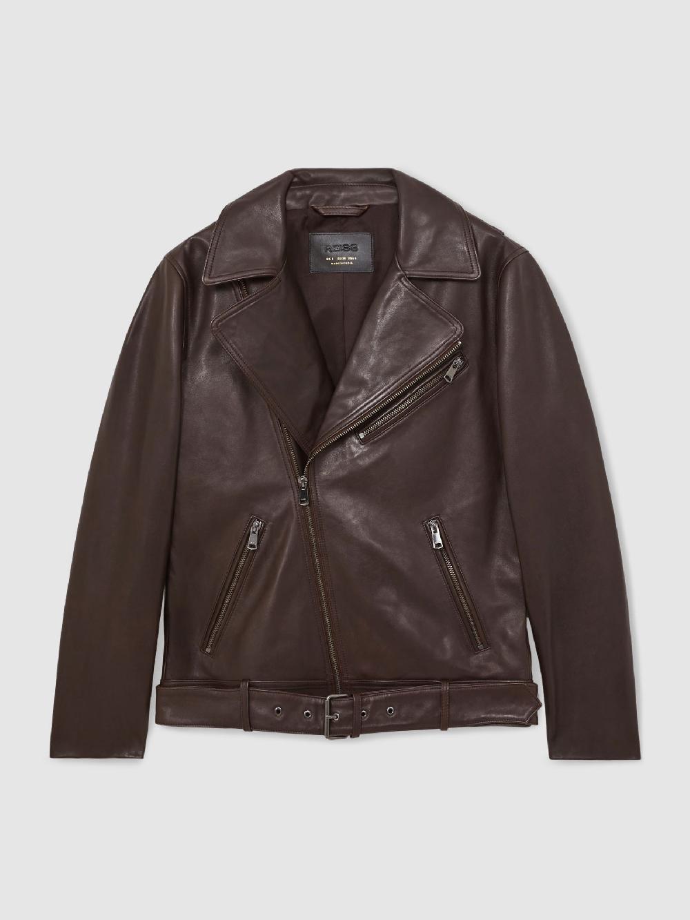 Reiss Leather Biker Jacket In Chocolate Brown