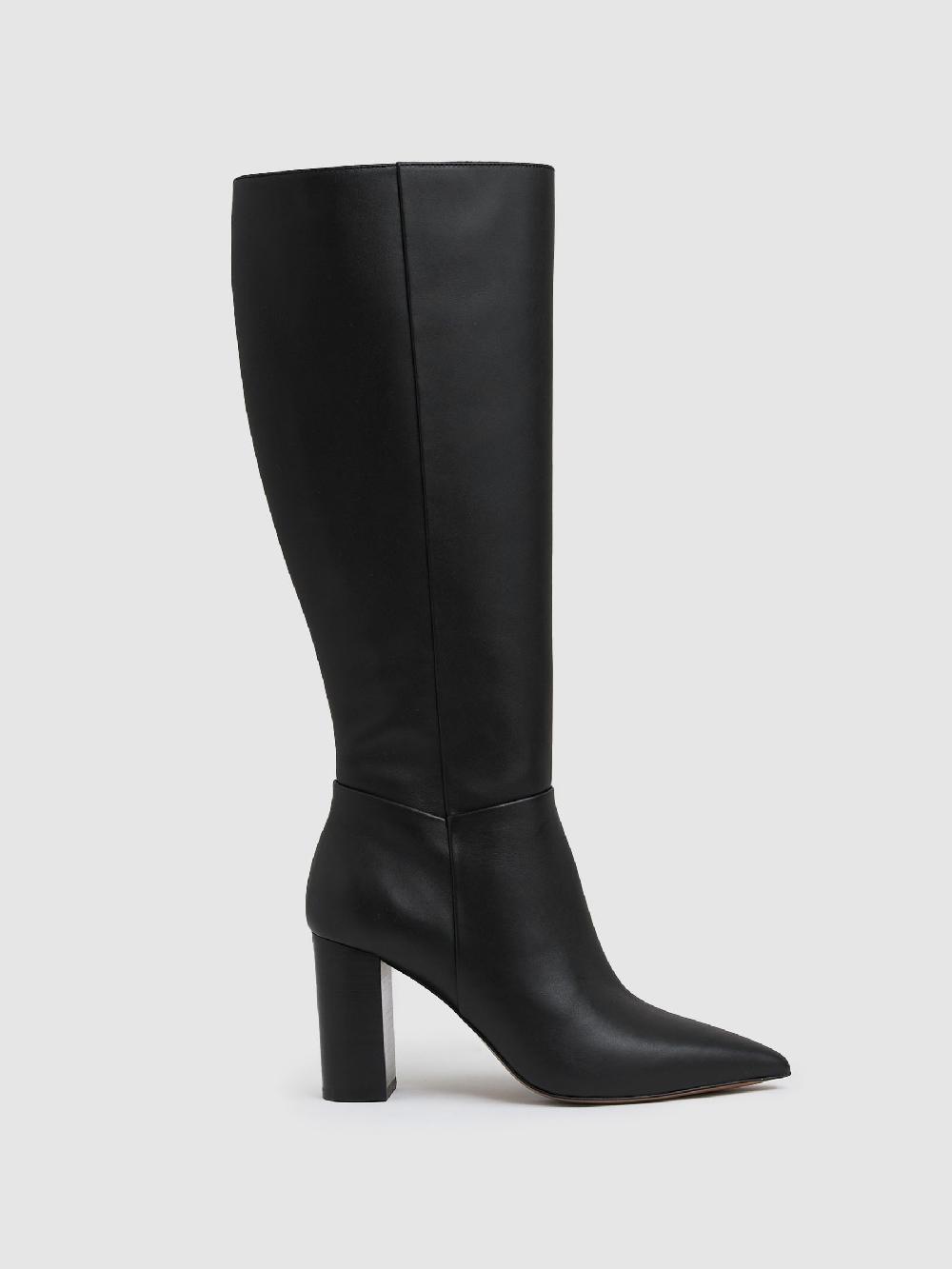 Reiss Leather Block-Heel Knee-High Boots In Black