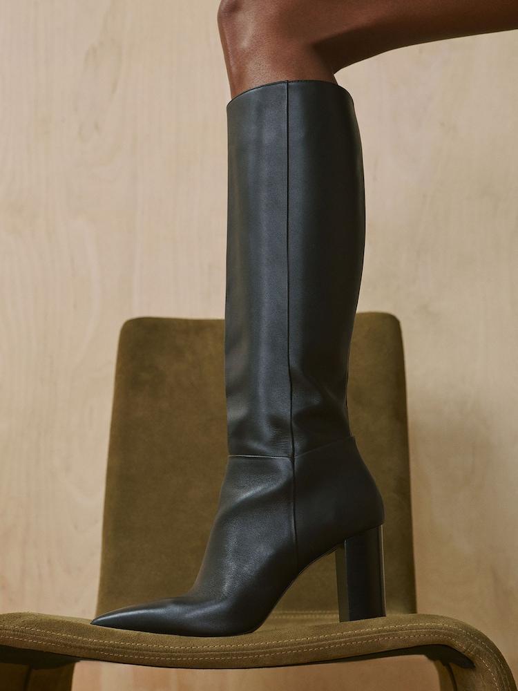 reiss Leather Block-Heel Knee-High Boots in Black