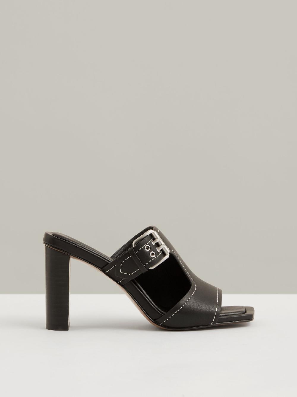 Reiss Leather Buckle Block-Heel Sandals In Black