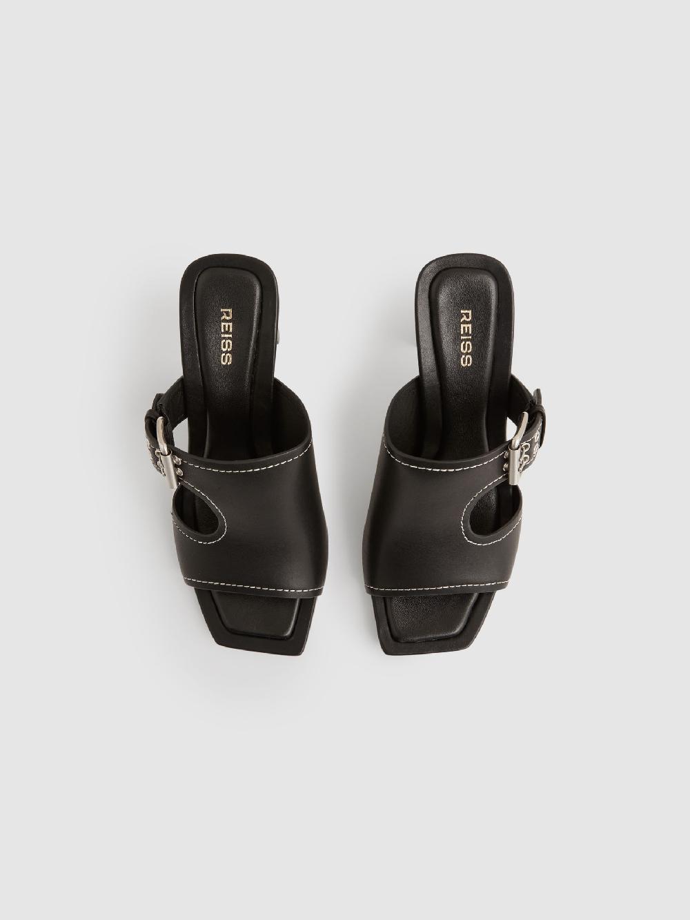 Reiss Leather Buckle Block-Heel Sandals In Black