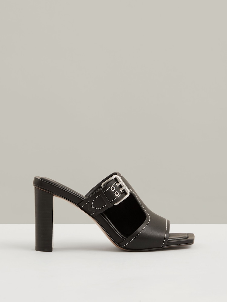 reiss Leather Buckle Block-Heel Sandals in Black