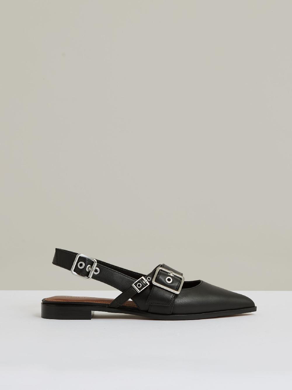 Reiss Leather Buckle-Strap Flat Mules In Black