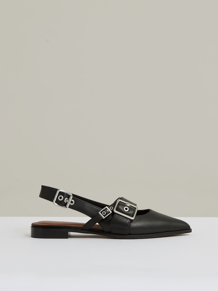 reiss Leather Buckle-Strap Flat Mules in Black