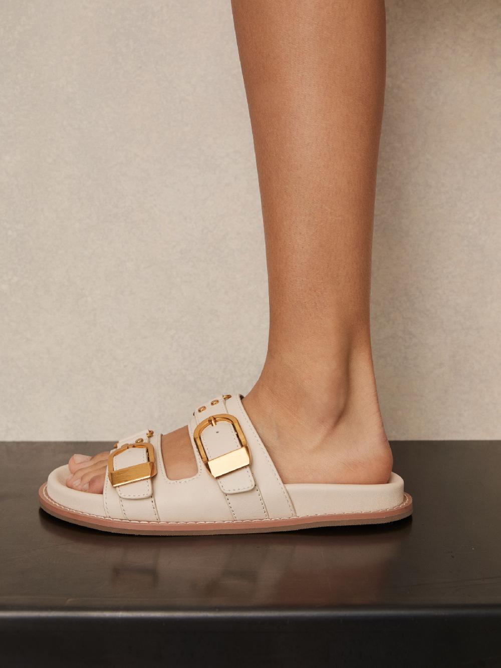 Reiss Leather Buckled Slip-On Sandals In Off White