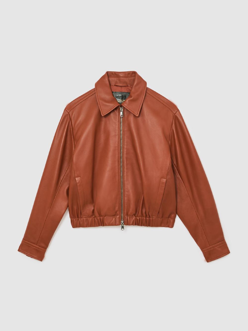Reiss Leather Cropped Bomber Jacket In Tan