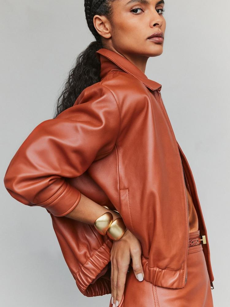 reiss Leather Cropped Bomber Jacket in Tan
