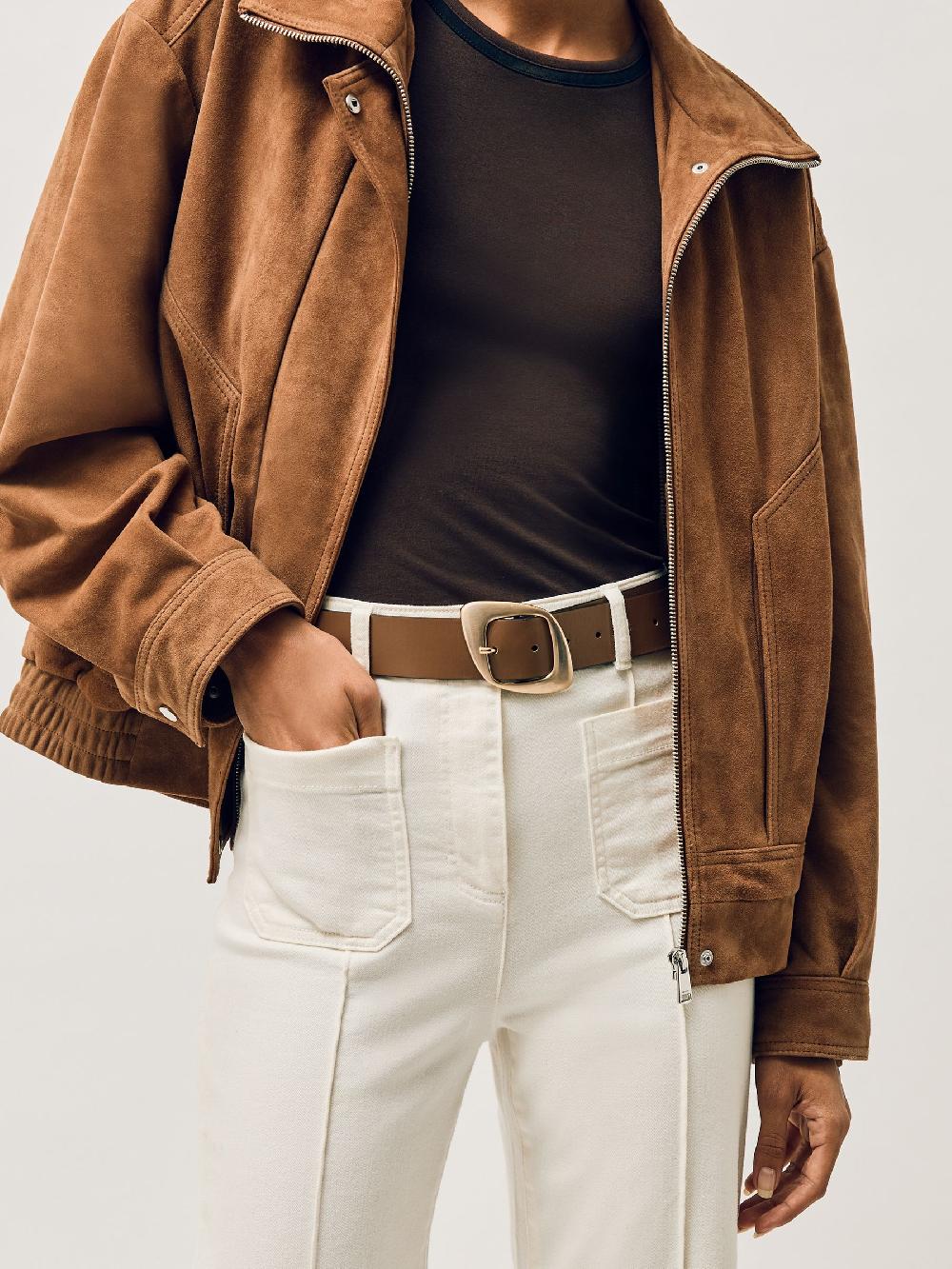 Reiss Leather Curved-Edge Buckle Belt In Taupe