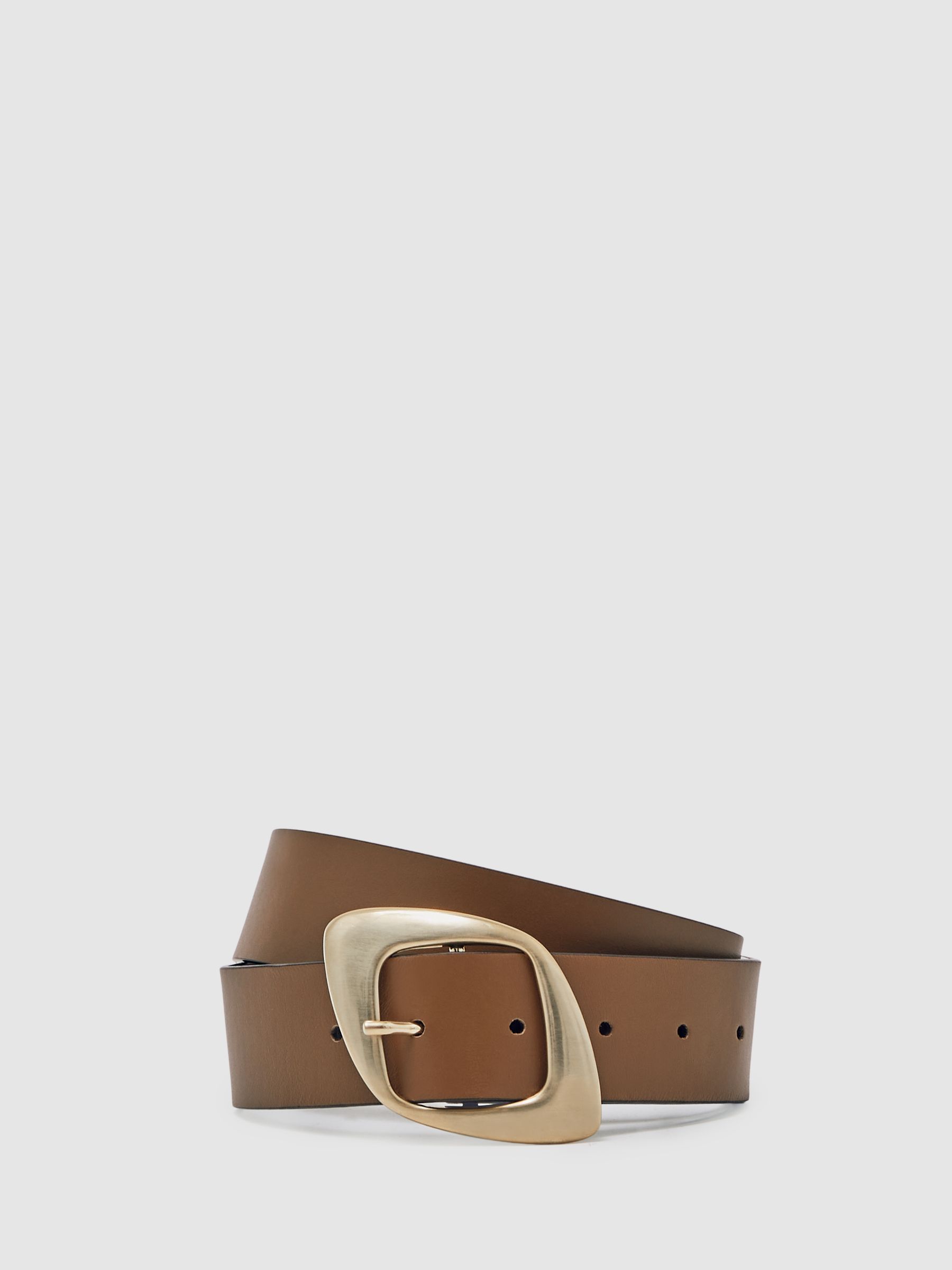 Reiss Leather Curved-Edge Buckle Belt In Taupe