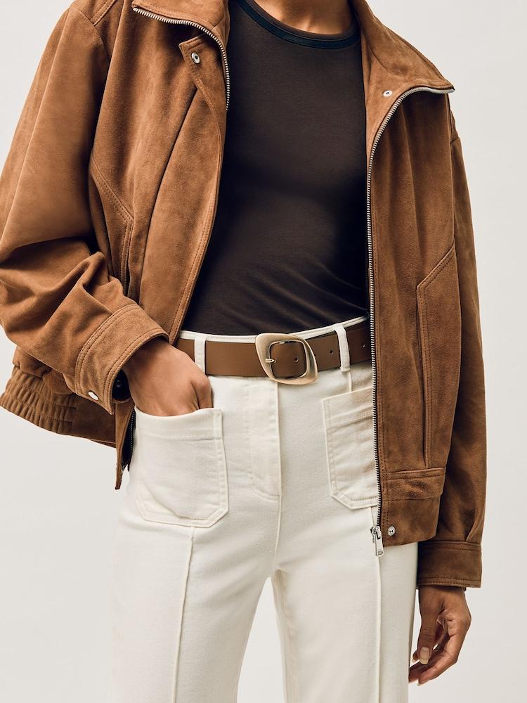 reiss Leather Curved-Edge Buckle Belt in Taupe