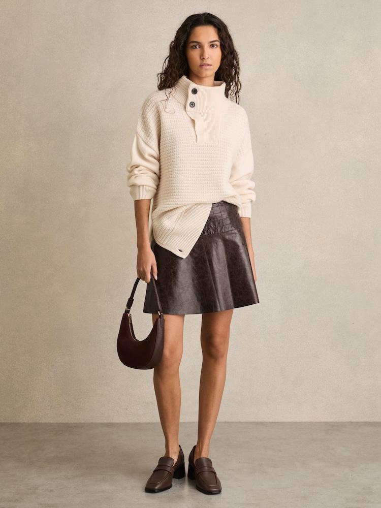 reiss Leather Flared Mini Skirt in Chocolate