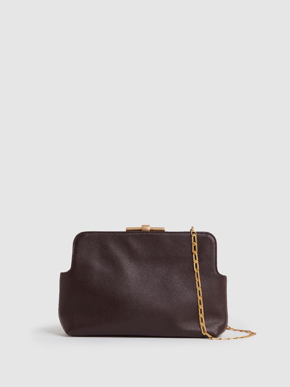 Reiss Leather Frame Clutch Bag In Burgundy