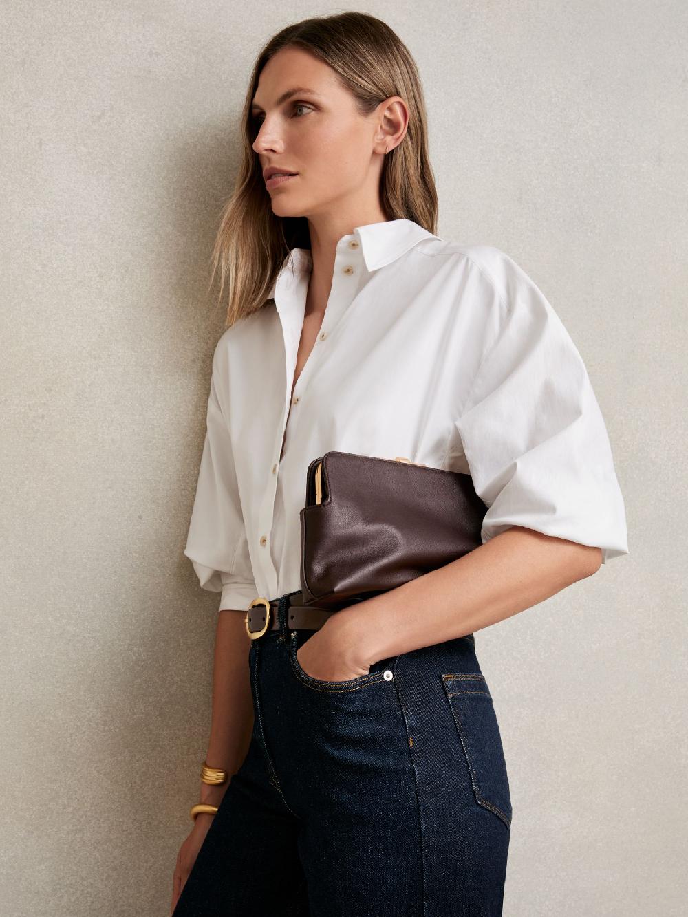 Reiss Leather Frame Clutch Bag In Burgundy