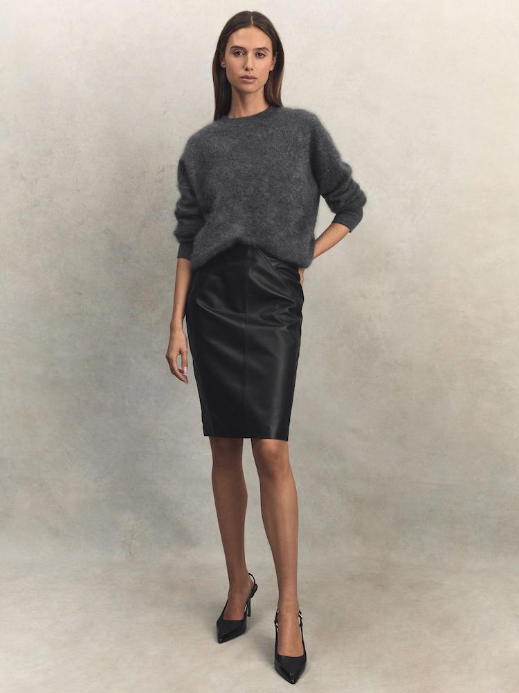 reiss Leather High Rise Midi Skirt in Black