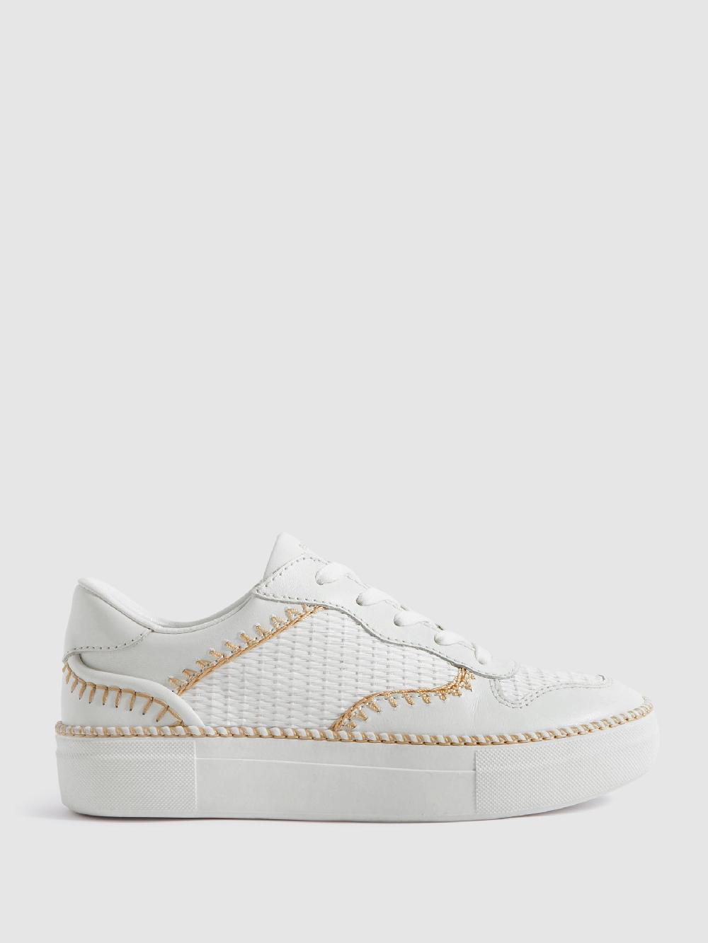 Reiss Leather Raffia Trainers In White