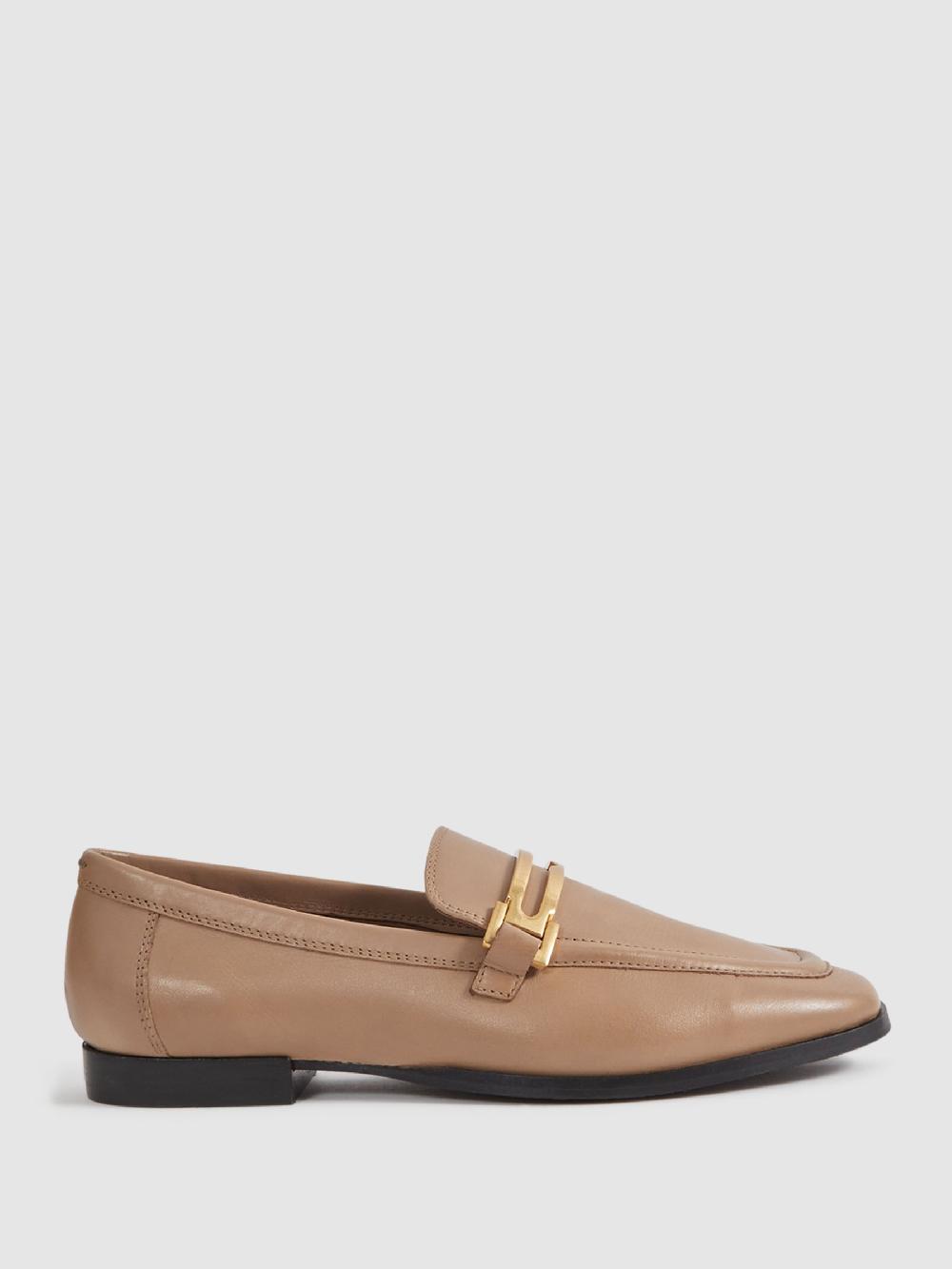 Reiss Leather Rounded Loafers In Nude