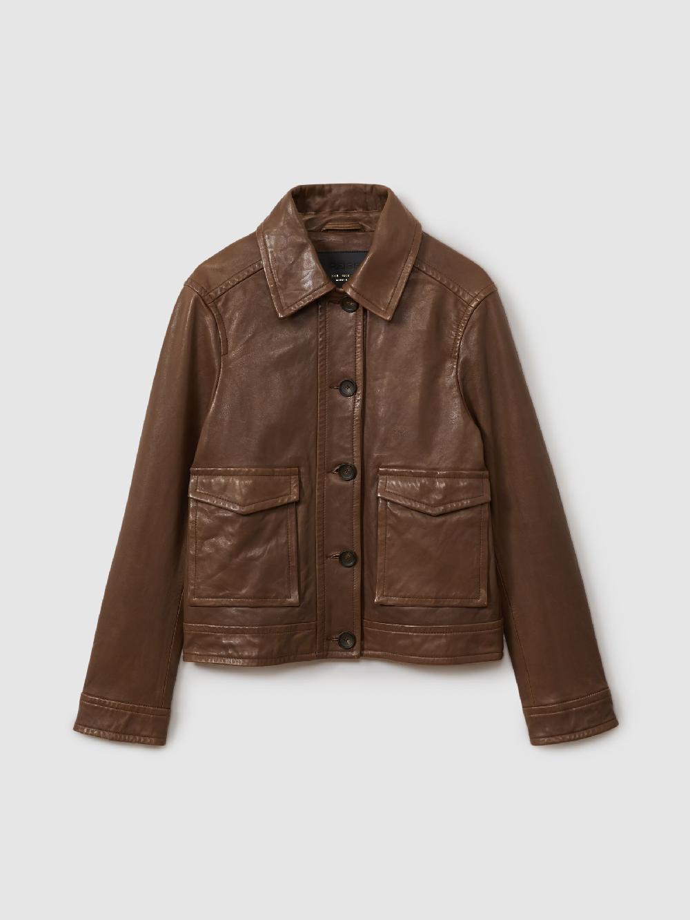 Reiss Leather Trucker Jacket In Chocolate
