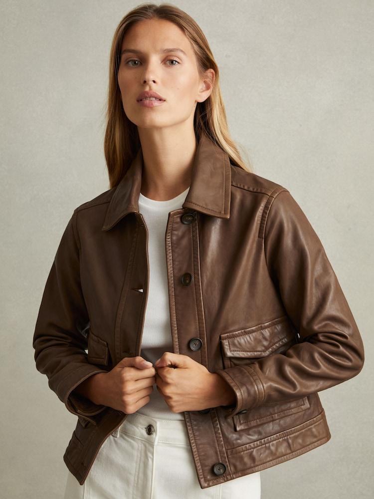 reiss Leather Trucker Jacket in Chocolate
