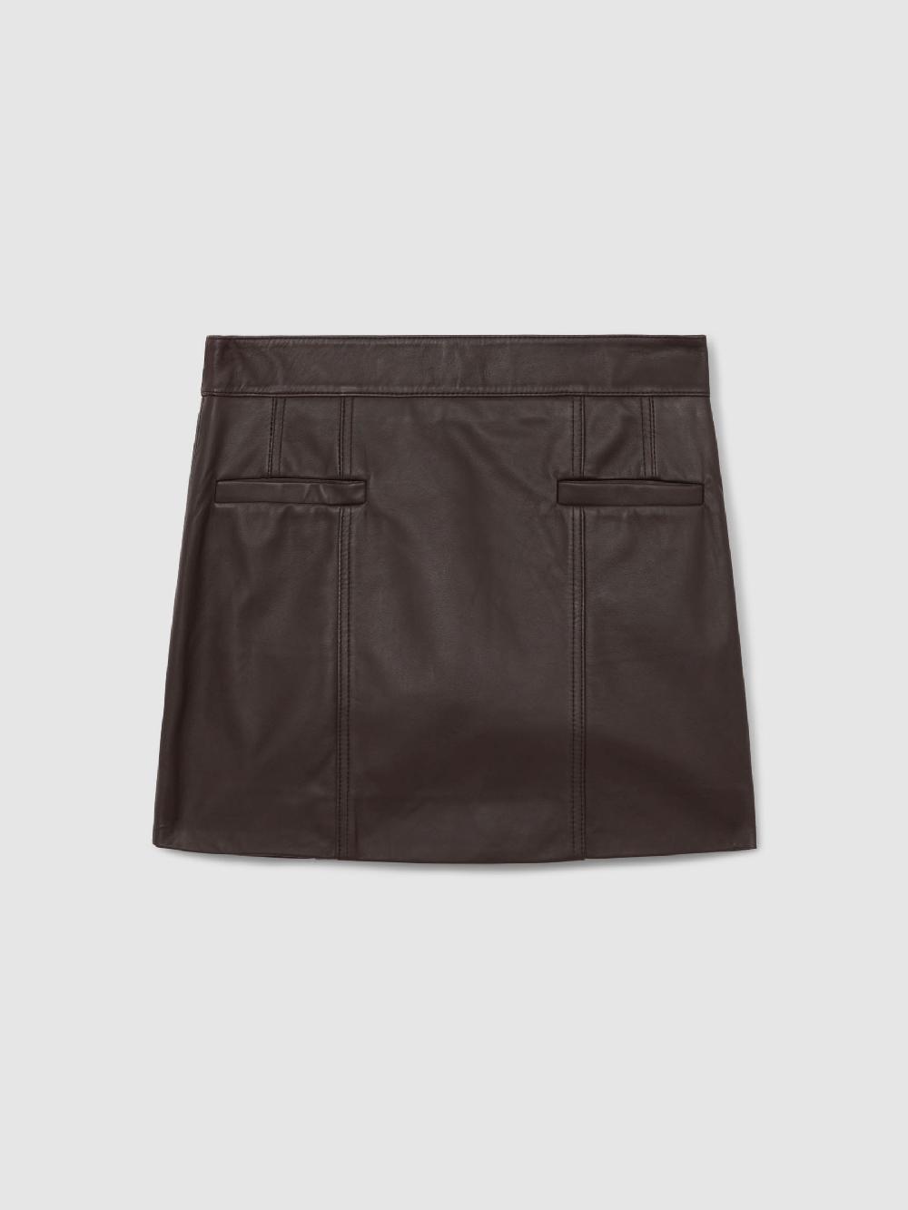 Reiss Leather Welt-Pocket Mini Skirt In Burgundy