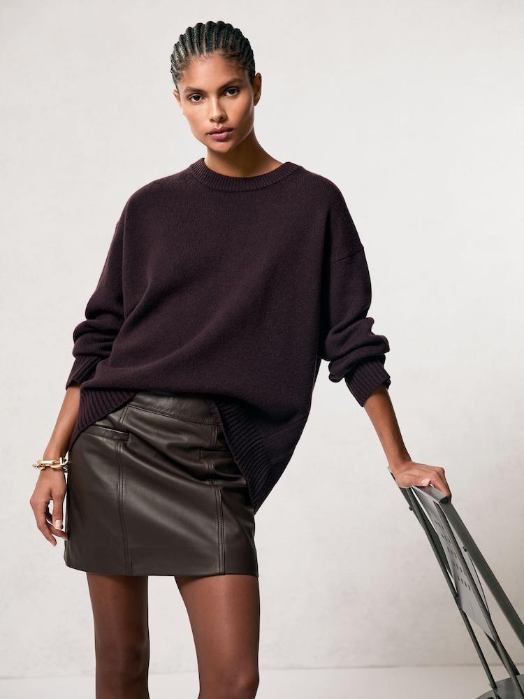 reiss Leather Welt-Pocket Mini Skirt in Burgundy