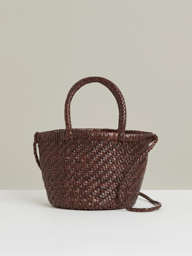 reiss Leather Woven Mini Tote Bag in Chocolate