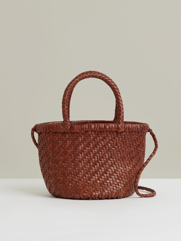 reiss Leather Woven Mini Tote Bag in Tan