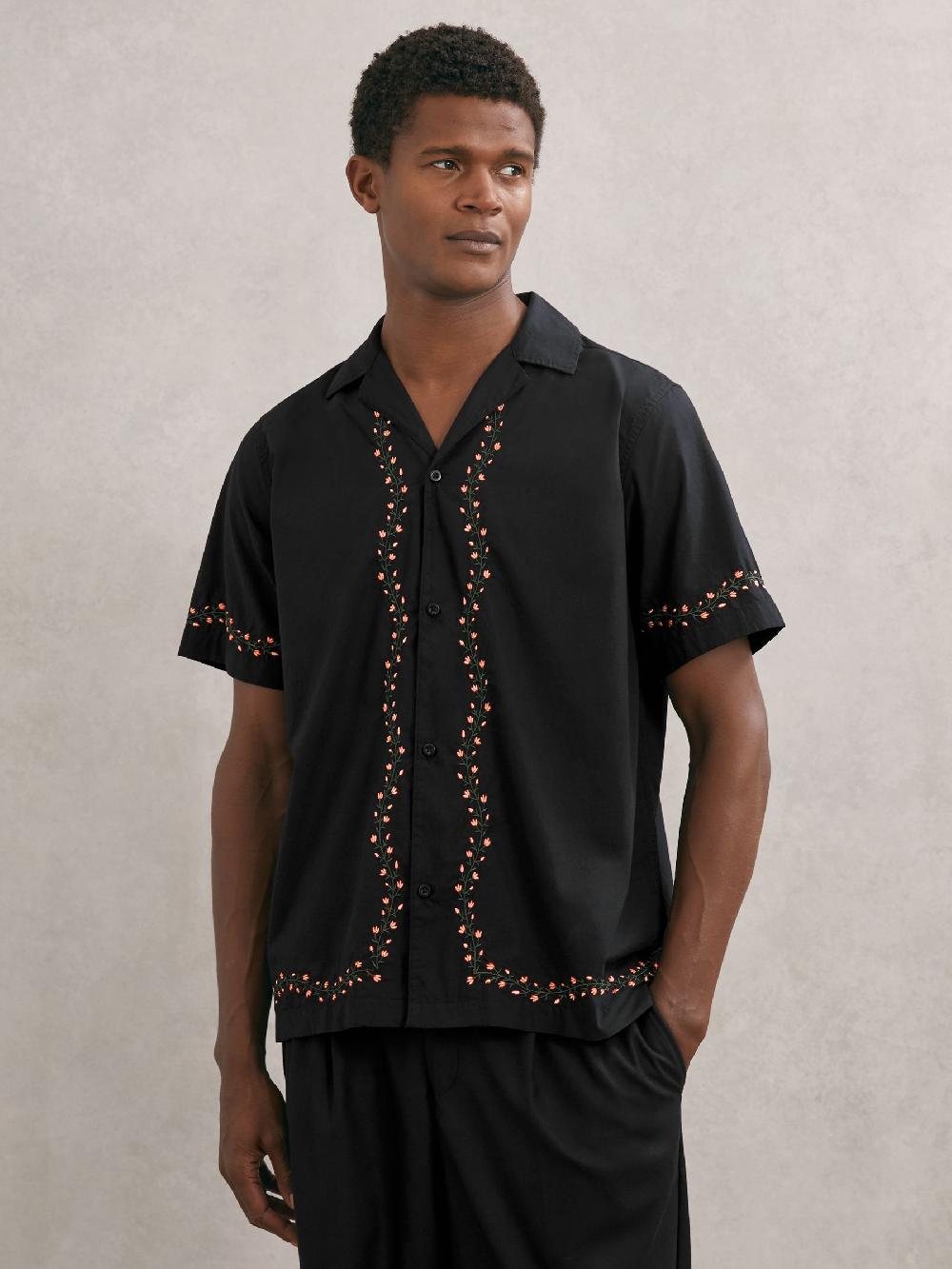 Reiss Les Deux Floral-Embroidered Shirt In Black